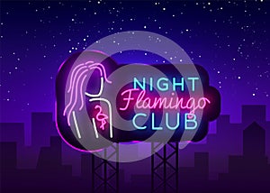Night Club Neon Logo Vector. Flamingo neon sign concept, design template, modern trend design, night neon signboard
