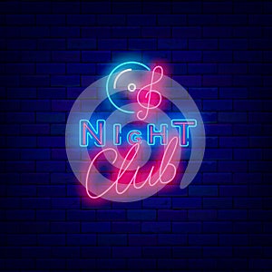 Night club neon signboard. Music icon. Dance party emblem. Nightlife concept on brick wall. Vector stock illustration