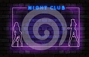 Night club neon signboard. Strip disco club.