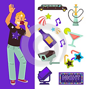 Night club party boy and dancing singing vector flat icons