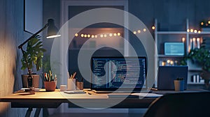 Night Coder Workspace Laptop Screen Code Programming Desk Setup dark blue home light coding office