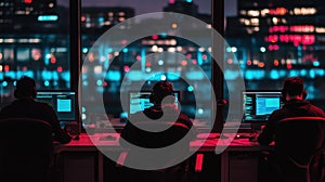 Night Coding Developers in a Dimly Lit Office with Vibrant City Lights