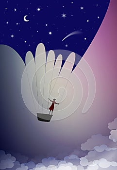 Night is coming, concept of childhood night dream, girl silhouette flying and holding night sky, flight to the dreamland photo