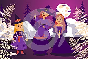 Night coven, flat character girl witch in magical hat, dress, night under moon vector illustration. Education little