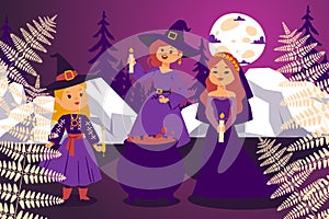 Night coven, flat character girl witch in magical hat, dress, night under moon vector illustration. Education little photo