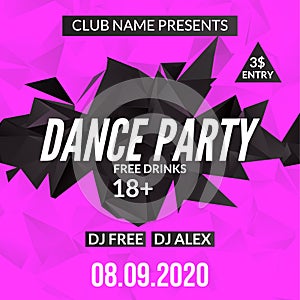 Night Dance Party design template in polygonal style. Club dance party event. DJ music poster promotional