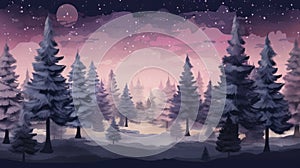 Night dark Forest winter landscape with fir trees on starry sky background. Moody botanical atmosphere illustration