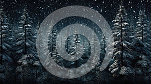 Night dark Forest winter landscape with fir trees on starry sky background. Moody botanical atmosphere illustration