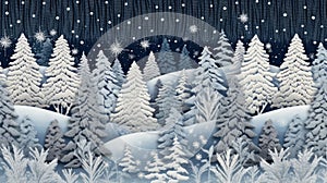 Night dark Forest winter landscape with fir trees on starry sky background. Moody botanical atmosphere illustration