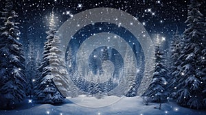 Night dark Forest winter landscape with fir trees on starry sky background. Moody botanical atmosphere illustration