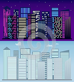 Night and day city landscape. Urban landscape, megapolis. Landscape of the megapolis. Modern cityscape panorama.