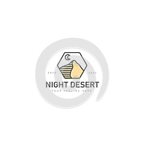 Night desert hill with hexagon logo design icon illustration