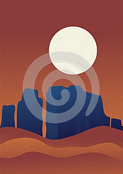 Night desert with mountains under full moon vector illustration poster.