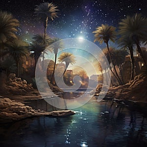 Night desert oasis under full moon starry sky. Cartoon landscape river, sand dunes, palm trees and plants, Deserted sahara nature