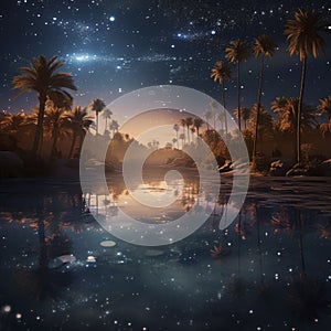 Night desert oasis under full moon starry sky. Cartoon landscape river, sand dunes, palm trees and plants, Deserted sahara nature