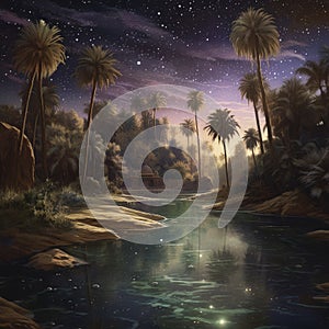 Night desert oasis under full moon starry sky. Cartoon landscape river, sand dunes, palm trees and plants, Deserted sahara nature