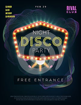 Night disco dance party poster with glowing frame. Vector design template