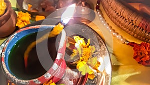 The Night Of Diwali, Big Burning Lamp Ahead Of Goddess Lakshmi.