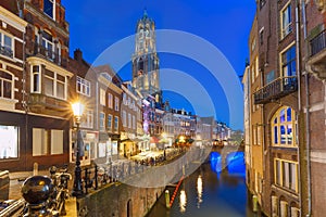 Night Dom Tower and bridge, Utrecht, Netherlands