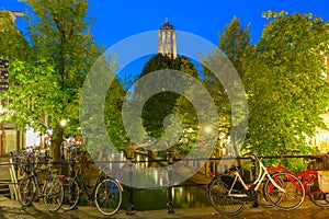 Night Dom Tower and bridge, Utrecht, Netherlands