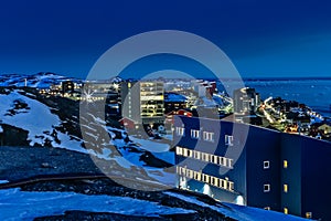 Night downtown streets and buildings of Greelandic capital Nuuk, Greenland