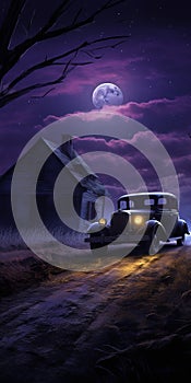Night Drive: Macabre Illustrations Of Old Cars On A Country Road