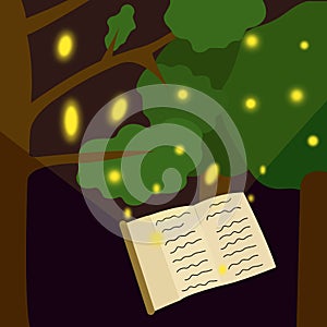 Night enchanted garden with forest tree, lights and magic book.