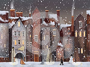 Night or Evening Christmas Winter Street City with Snowfall, women, men, kitten and snowman.