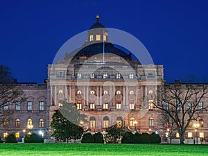 Night exterior view of the Library of Congress