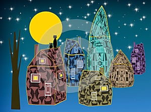 Night fairy country houses. Lovely greeting card with cats sitting on the top of the roof watching moon and stars