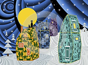 Night fairy country houses. Lovely winter greeting card with cats sitting on the top of the roof watching moon and stars. Merry