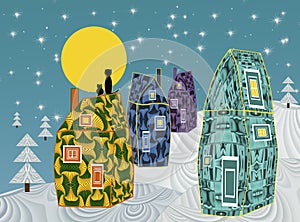 Night fairy country houses. Lovely winter greeting card with cats sitting on the top of the roof watching moon and stars. Merry