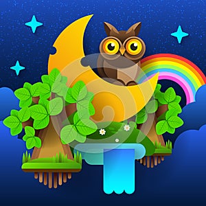 Night Fairy Forest . Moon In The Sky With A Rainbow And Stars. Vector