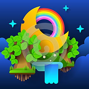 Night Fairy Forest . Moon In The Sky With A Rainbow And Stars. Vector