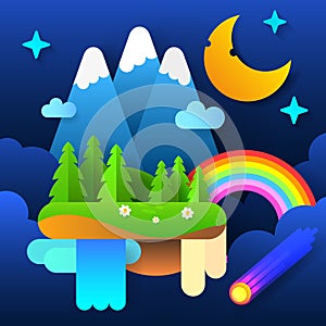 Night Fairy Forest . Moon In The Sky With A Rainbow And Stars. Vector