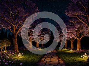 Night fairy forest. A stone-paved path in the forest.