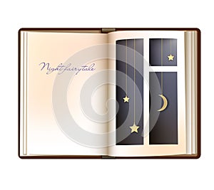 Night fairytale book concept, vintage fairy book page looks like window whith night stars and moon,