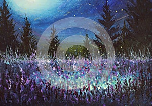 Night fantasy art luminous mystical landscape