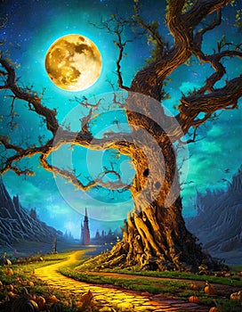 night fantasy scene with full moon old house and old tree