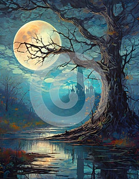 night fantasy scene with full moon old house and old tree