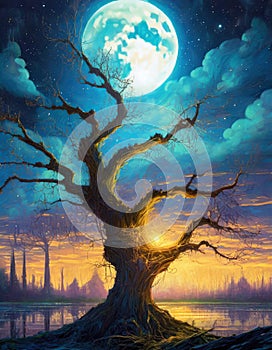 night fantasy scene with full moon old house and old tree