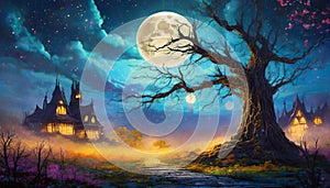 night fantasy scene with full moon old house and old tree