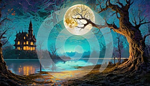 night fantasy scene with full moon old house and old tree