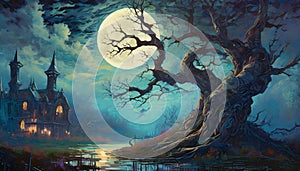 night fantasy scene with full moon old house and old tree