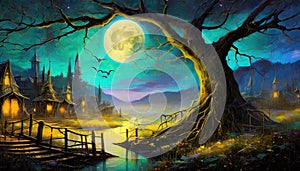 night fantasy scene with full moon old house and old tree