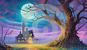 night fantasy scene with full moon old house and old tree