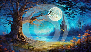 night fantasy scene with full moon old house and old tree