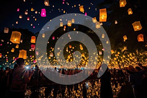 night festival, with lanterns and fireflies illuminating the night sky
