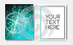 Night flyers banner with Sparks glitter glowing,star burst explosion glow and lens flare on green blue background.Show