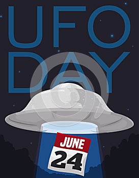 Night with Flying Saucer Abducting Calendar in UFO Day, Vector Illustration